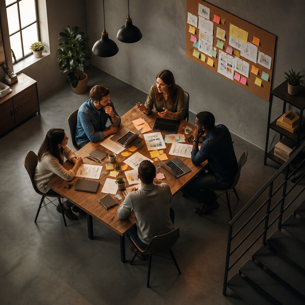 Đội ngũ startup họp bàn trong văn phòng nhỏ