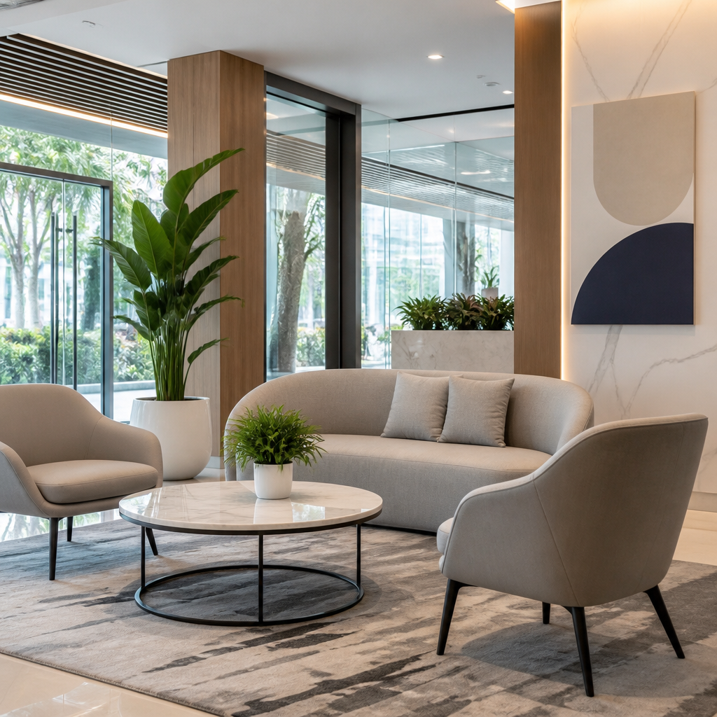 Sảnh chờ văn phòng hiện đại với ghế sofa và bàn cà phê, thể hiện tiện ích và không gian chung cao cấp.