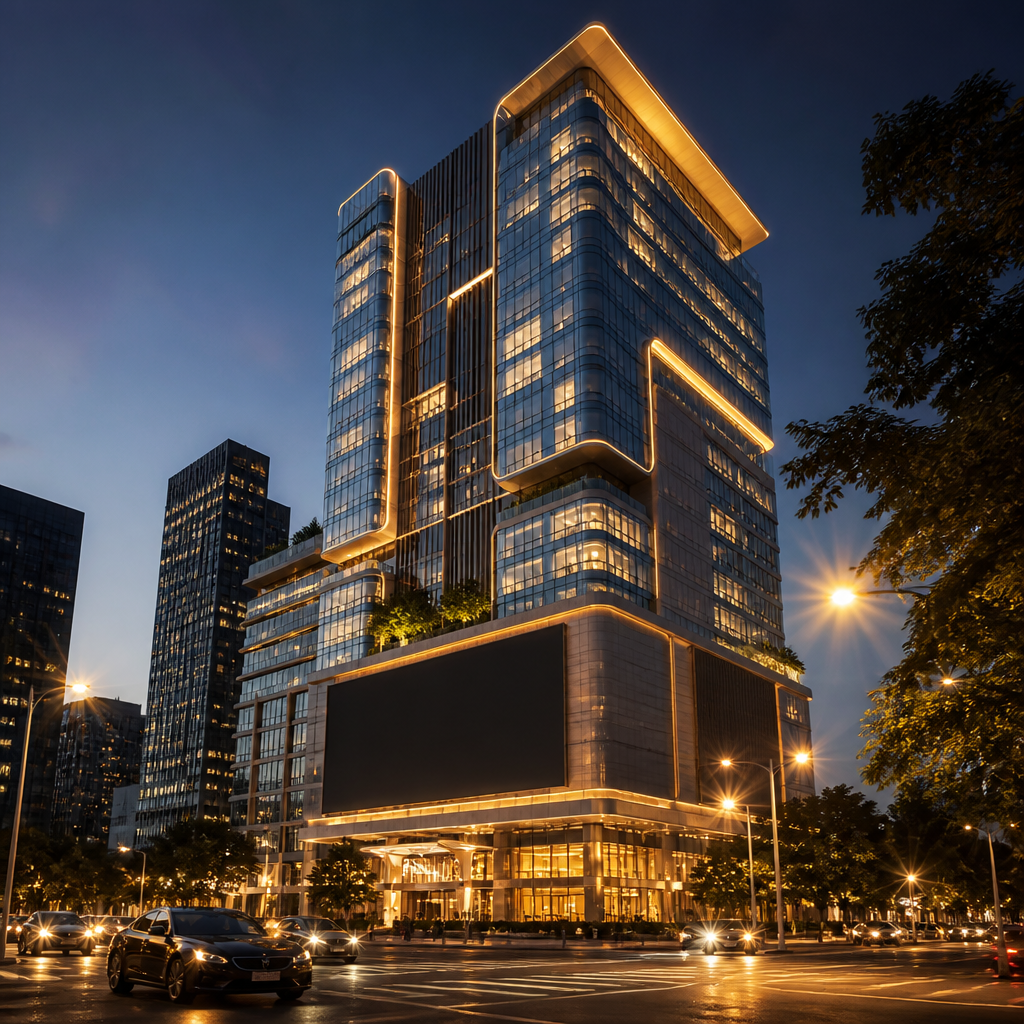 Tòa nhà Gems Empire Tower lung linh về đêm với kiến trúc hiện đại, nổi bật giữa lòng thành phố.
