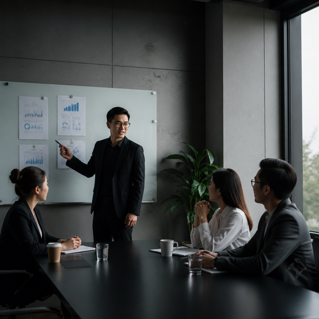 Một nhóm chuyên gia đang thảo luận trong phòng họp hiện đại, minh họa quá trình tư vấn và đưa ra quyết định thuê văn phòng.