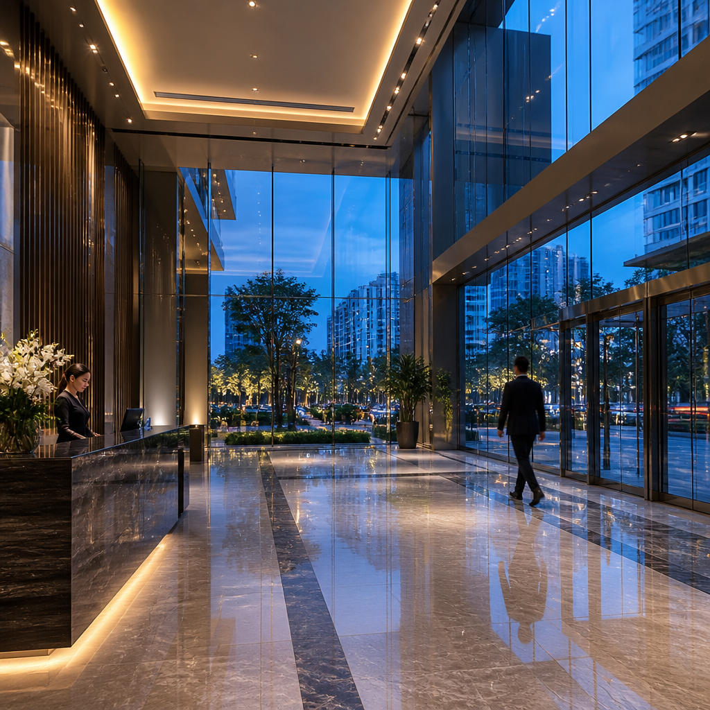 Sảnh tiếp tân sang trọng và chuyên nghiệp của Gems Empire Tower, thể hiện tiêu chuẩn dịch vụ cao cấp và quản lý chuyên nghiệp.