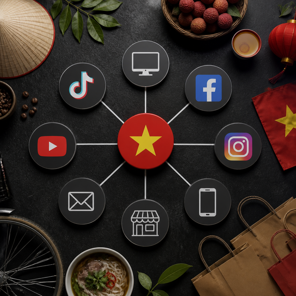Sơ đồ minh họa chiến lược tiếp thị đa kênh cho văn phòng cho thuê, thể hiện các kênh tìm kiếm và tương tác khác nhau.