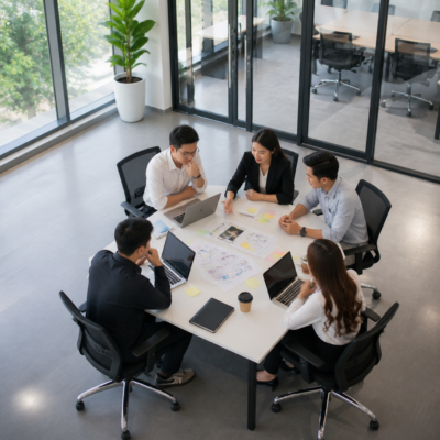 Một nhóm startup đang thảo luận sôi nổi trong một văn phòng nhỏ, thể hiện sự cần thiết của việc thuê văn phòng trọn gói để tối ưu không gian.