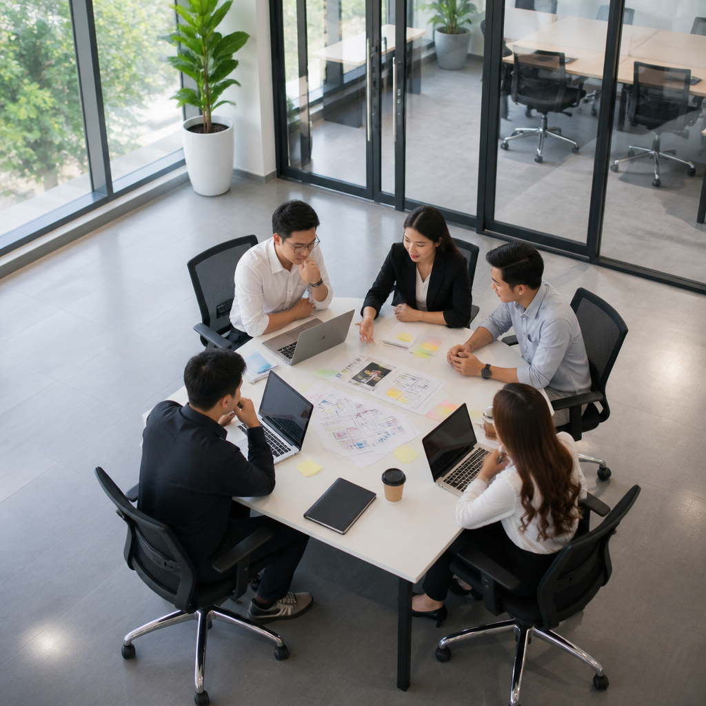 Một nhóm startup đang thảo luận sôi nổi trong một văn phòng nhỏ, thể hiện sự cần thiết của việc thuê văn phòng trọn gói để tối ưu không gian.
