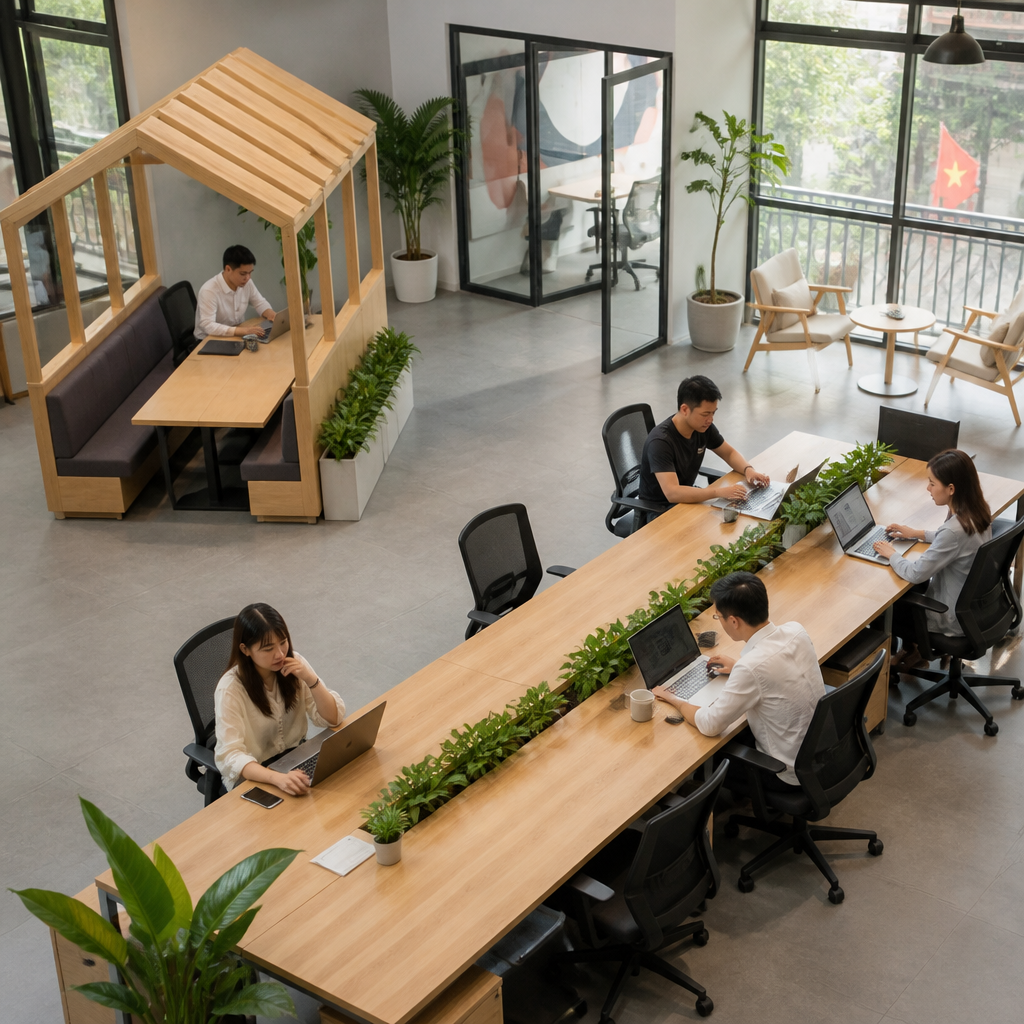 Không gian coworking space sôi động với nhiều người đang làm việc trên laptop.