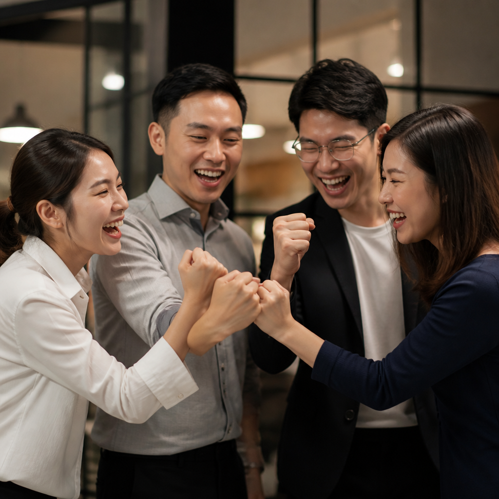 Một đội ngũ startup đang ăn mừng thành công tài chính trong văn phòng hiện đại, minh họa hiệu quả chi phí của giải pháp thuê văn phòng trọn gói.