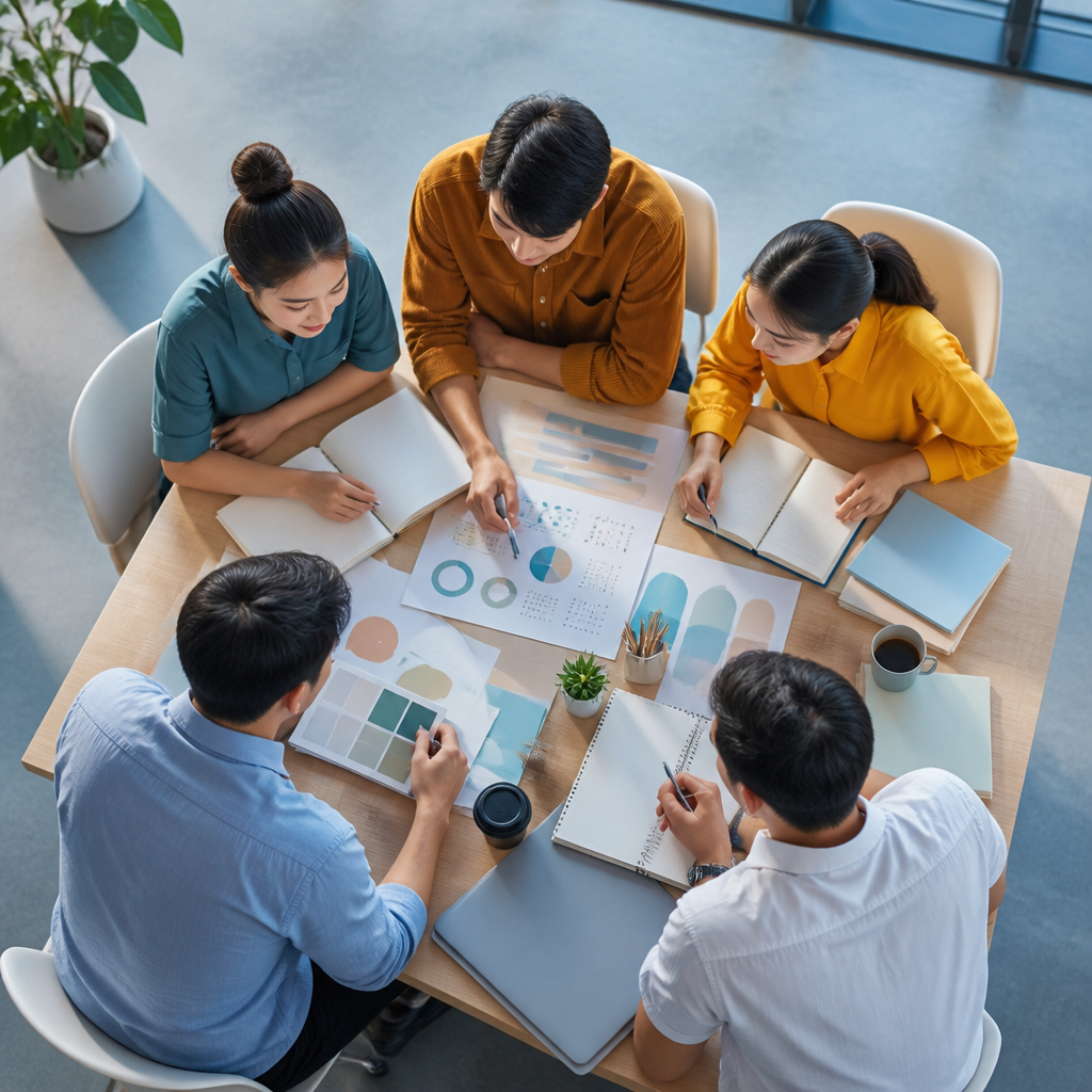 Một nhóm doanh nghiệp đang thảo luận chiến lược trong không gian văn phòng hiện đại, thể hiện sự hợp tác.