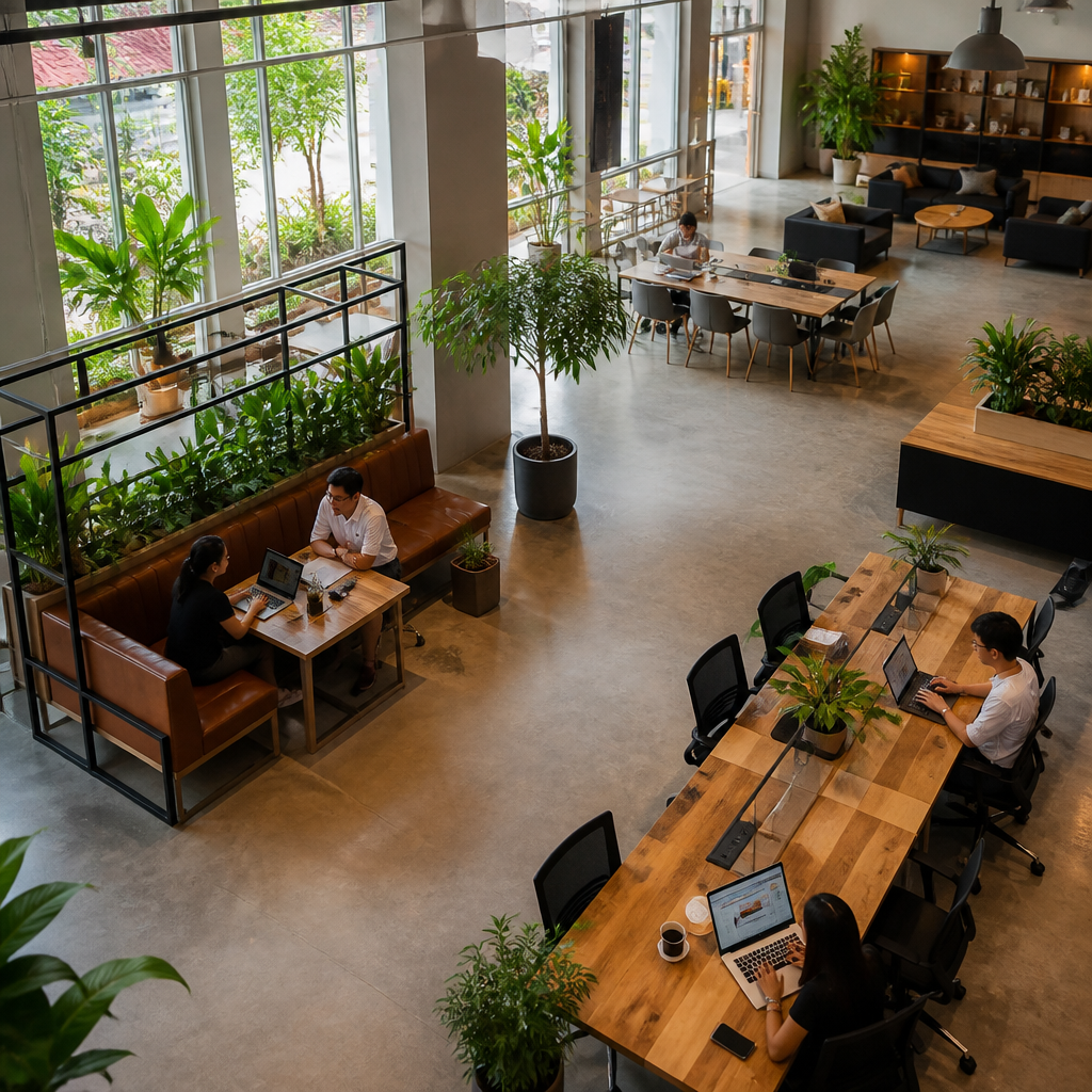 Không gian văn phòng coworking hiện đại với nhiều khu vực làm việc linh hoạt.